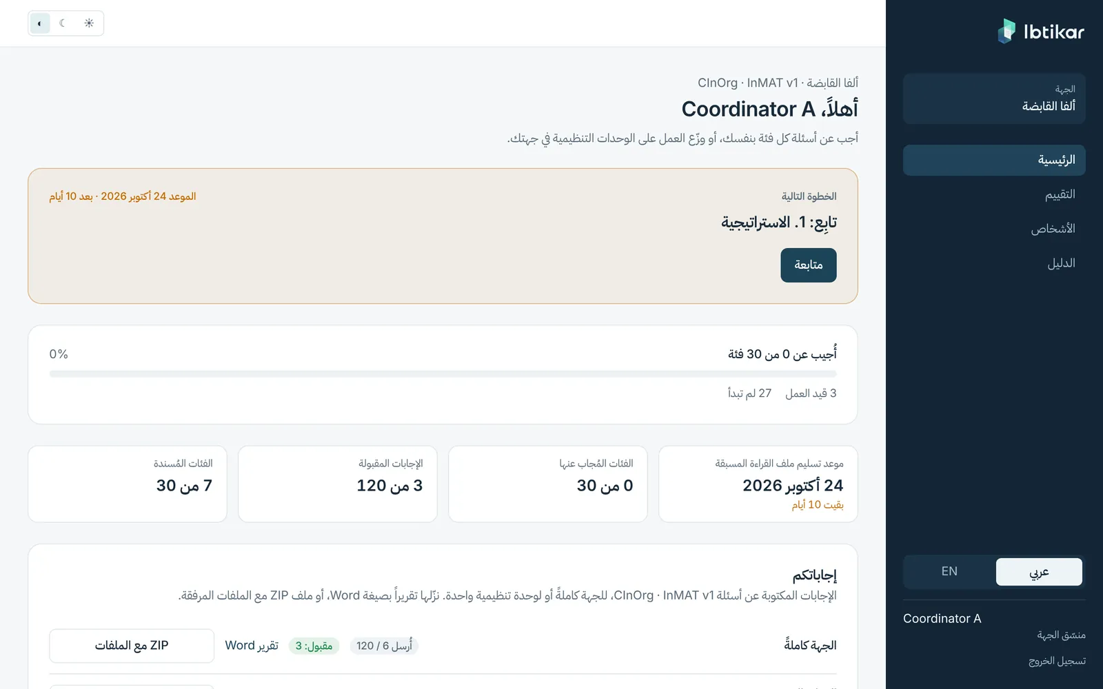 الشاشة الرئيسية للمنسّق في ابتكار: الخطوة التالية، والتقدم في الفئات الثلاثين، وموعد القراءة المسبقة.