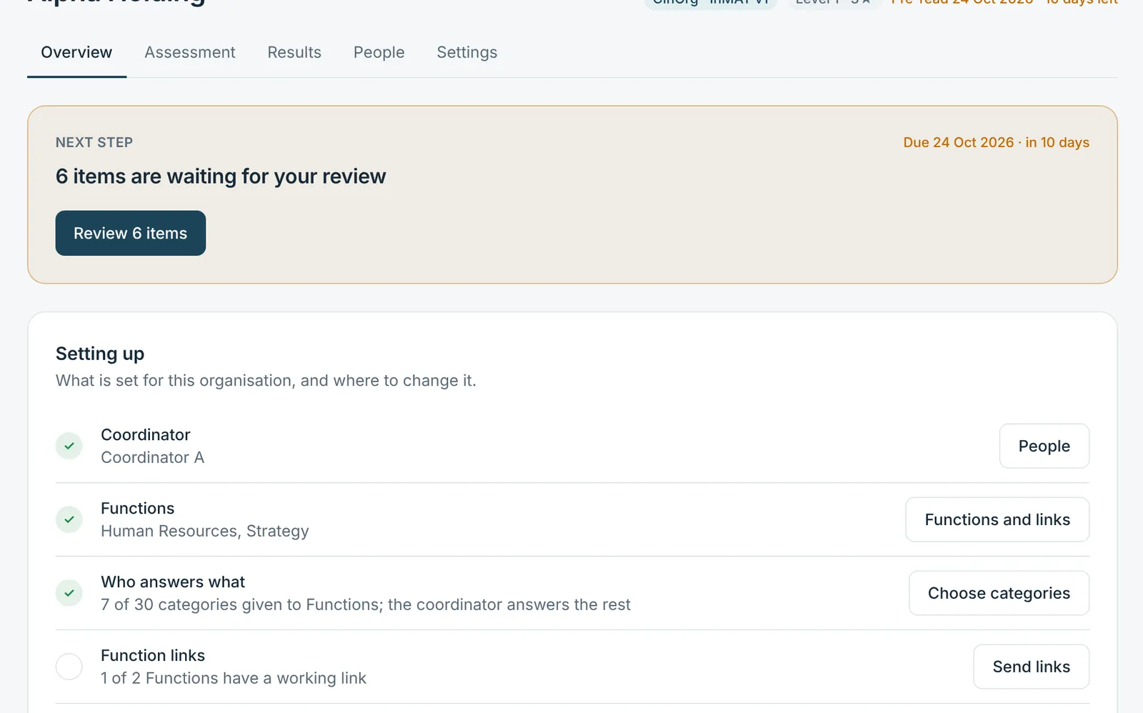 An organisation's overview: the next step and its setup at a glance.