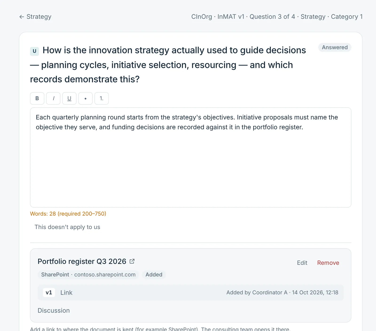 One question open, with the written answer and a linked SharePoint document underneath.